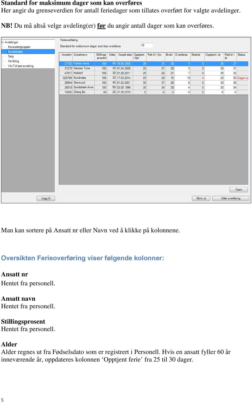 Oversikten Ferieoverføring viser følgende kolonner: Ansatt nr Hentet fra personell. Ansatt navn Hentet fra personell.