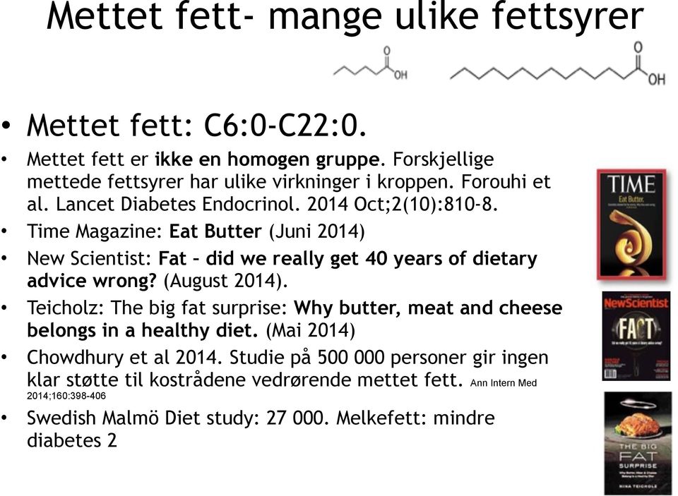Time Magazine: Eat Butter (Juni 2014) New Scientist: Fat did we really get 40 years of dietary advice wrong? (August 2014).