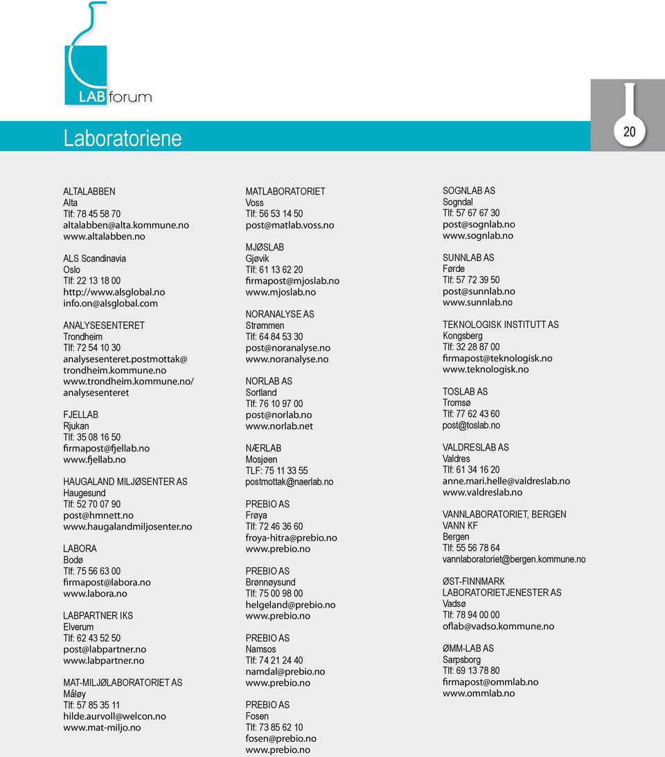 no www.fjellab.no Haugaland Miljøsenter AS Haugesund Tlf: 52 70 07 90 post@hmnett.no www.haugalandmiljosenter.no Labora Bodø Tlf: 75 56 63 00 firmapost@labora.