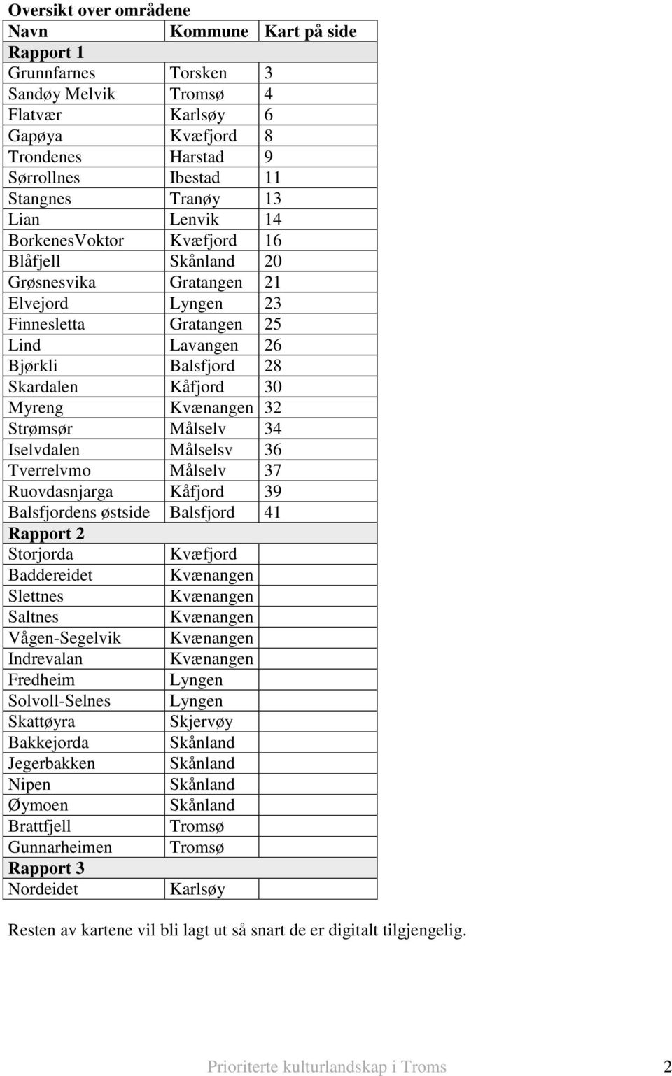 Myreng Kvænangen 32 Strømsør Målselv 34 Iselvdalen Målselsv 36 Tverrelvmo Målselv 37 Ruovdasnjarga Kåfjord 39 Balsfjordens østside Balsfjord 41 Rapport 2 Storjorda Kvæfjord Baddereidet Kvænangen