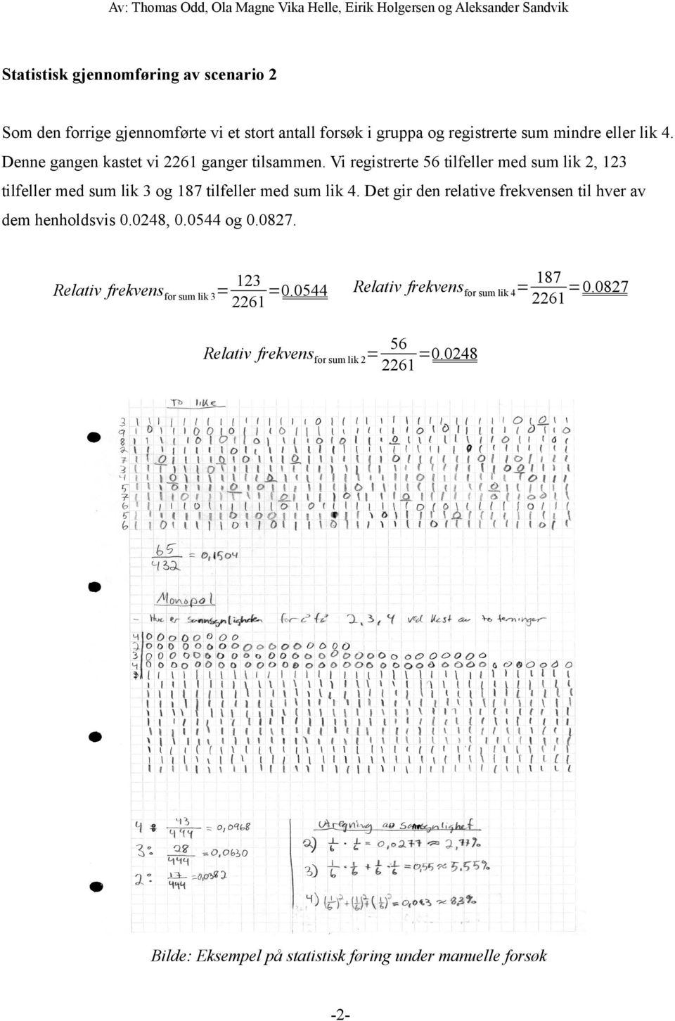 Vi registrerte 56 tilfeller med sum lik 2, 23 tilfeller med sum lik 3 og 87 tilfeller med sum lik 4.