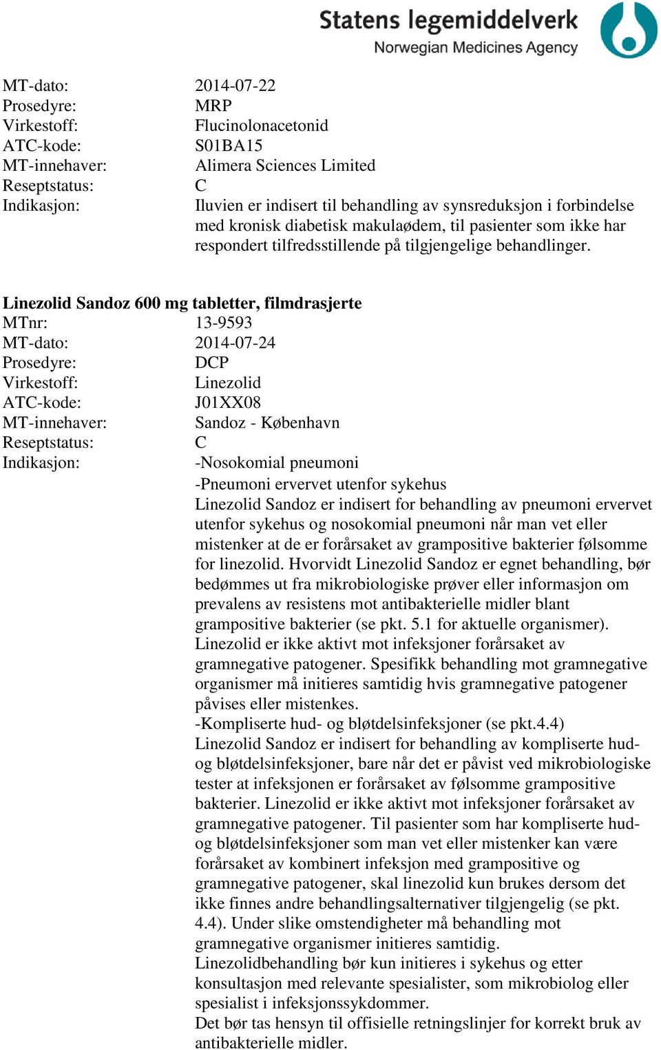 Linezolid Sandoz 600 mg tabletter, filmdrasjerte MTnr: 13-9593 MT-dato: 2014-07-24 DP Linezolid J01XX08 Sandoz - København -Nosokomial pneumoni -Pneumoni ervervet utenfor sykehus Linezolid Sandoz er