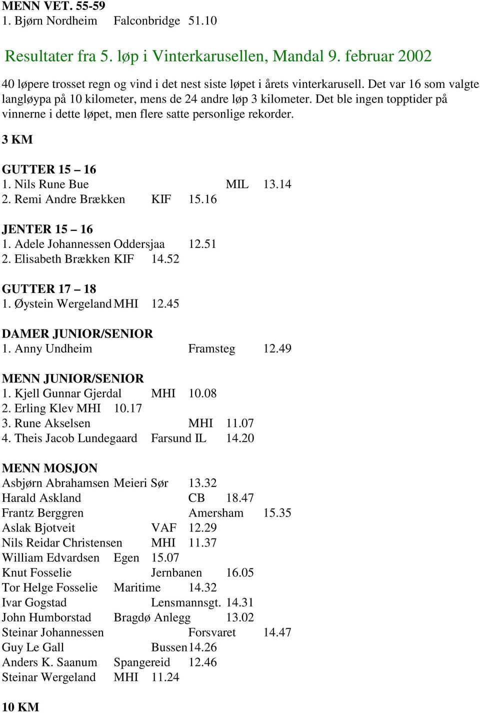 Nils Rune Bue MIL 13.14 2. Remi Andre Brækken KIF 15.16 JENTER 15 16 1. Adele Johannessen Oddersjaa 12.51 2. Elisabeth Brækken KIF 14.52 GUTTER 17 18 1. Øystein Wergeland MHI 12.