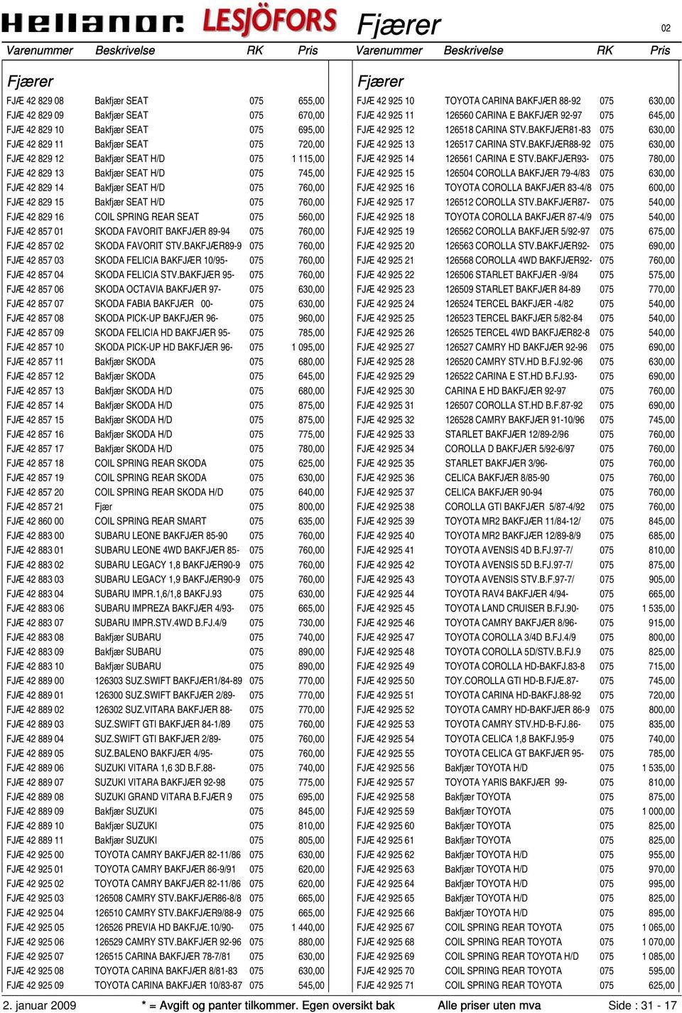 BAKFJÆR 89-94 075 760,00 FJÆ 42 857 SKODA FAVORIT STV.BAKFJÆR89-9 075 760,00 FJÆ 42 857 03 SKODA FELICIA BAKFJÆR 10/95-075 760,00 FJÆ 42 857 04 SKODA FELICIA STV.