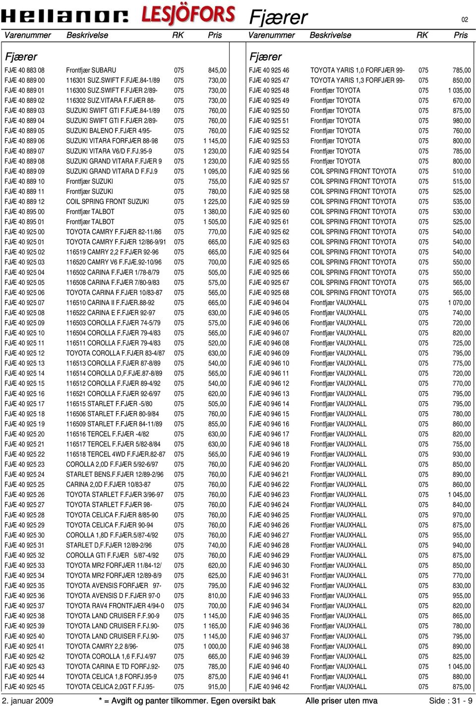 FJÆR 4/95-075 760,00 FJÆ 40 889 06 SUZUKI VITARA FORFJÆR 88-98 075 1 145,00 FJÆ 40 889 07 SUZUKI VITARA V6/D F.FJ.95-9 075 1 230,00 FJÆ 40 889 08 SUZUKI GRAND VITARA F.