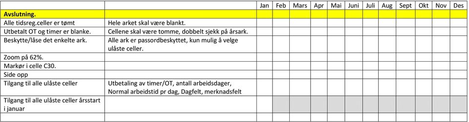 Side opp Tilgang til alle ulåste celler Tilgang til alle ulåste celler årsstart i januar Hele arket skal være blankt.