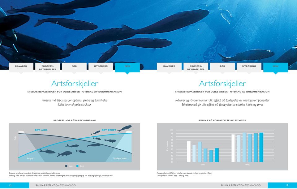 stivelse i laks og ørret OG RÅVAREKUNNSKAP EFFEKT PÅ FORDØYELSE AV STIVELSE Ytelse Fettgulp BRT LAKS Laks Ørret BRT ØRRET Ufordøyde pellets ADC stiverlse 95 85 75 65 60 55 50 Laks Ørret Prosess- og