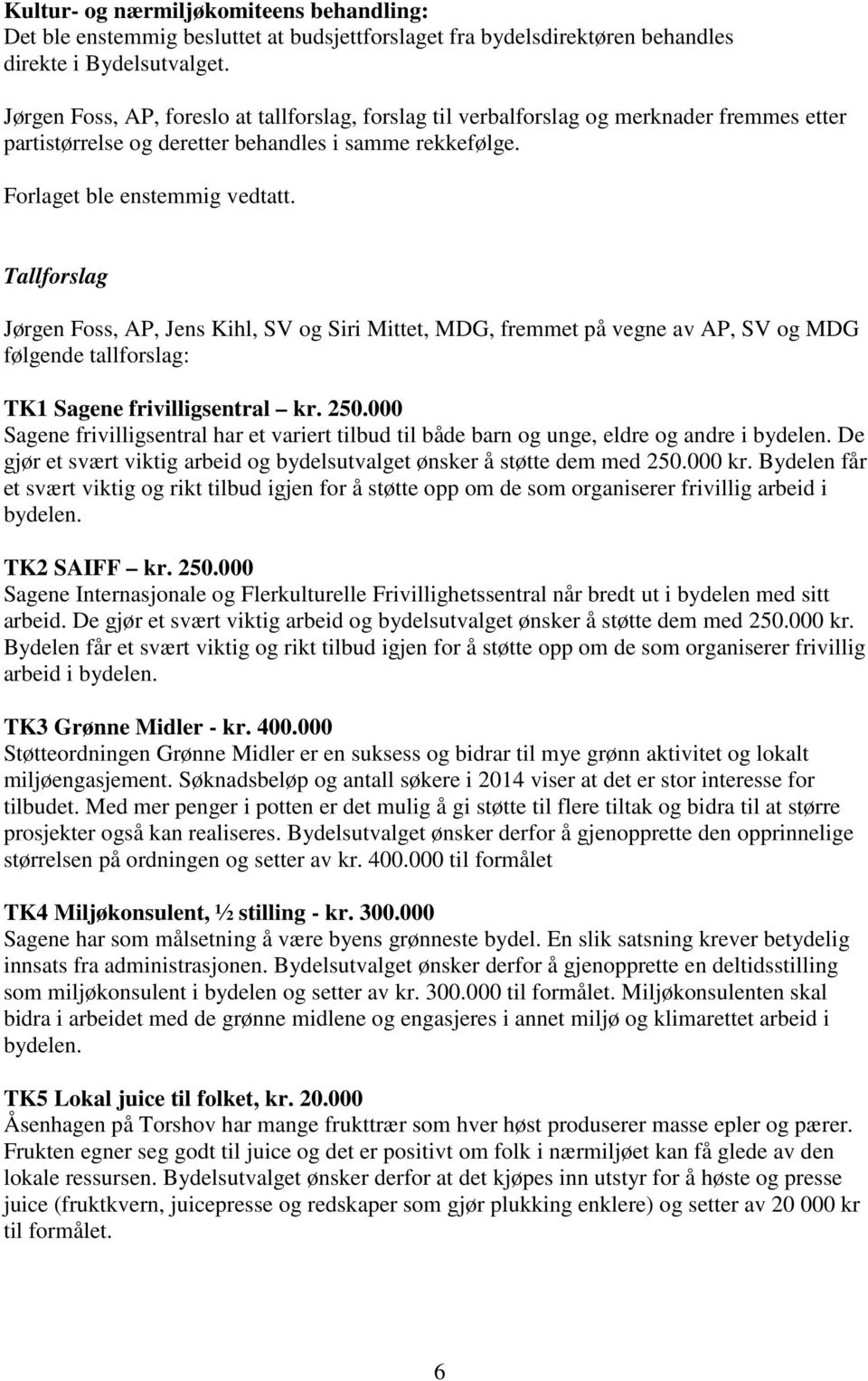 Tallforslag Jørgen Foss, AP, Jens Kihl, SV og Siri Mittet, MDG, fremmet på vegne av AP, SV og MDG følgende tallforslag: TK1 Sagene frivilligsentral kr. 250.
