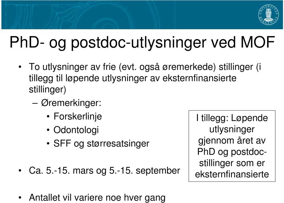 Øremerkinger: Forskerlinje Odontologi SFF og størresatsinger Ca. 5.-15.