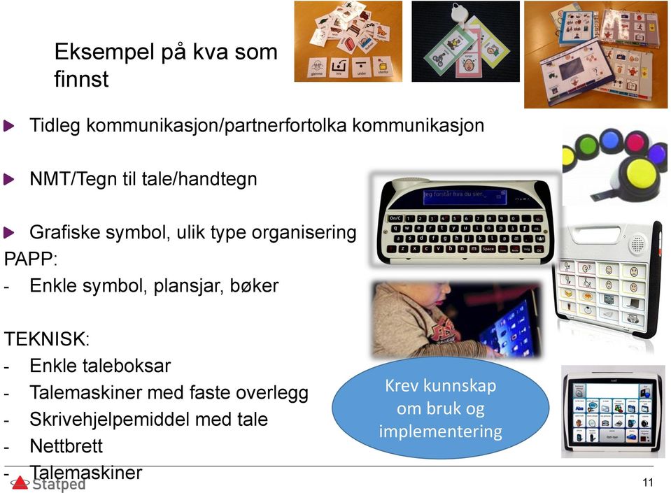 symbol, plansjar, bøker TEKNISK: - Enkle taleboksar - Talemaskiner med faste overlegg