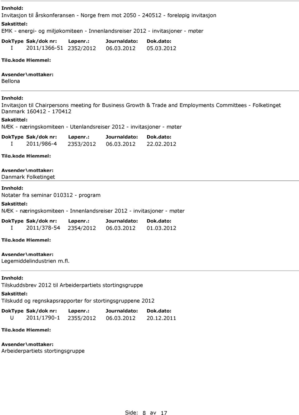 2011/986-4 2353/2012 22.02.2012 Danmark Folketinget Notater fra seminar 010312 - program NÆK - næringskomiteen - nnenlandsreiser 2012 - invitasjoner - møter 2011/378-54 2354/2012 01.03.2012 Legemiddelindustrien m.