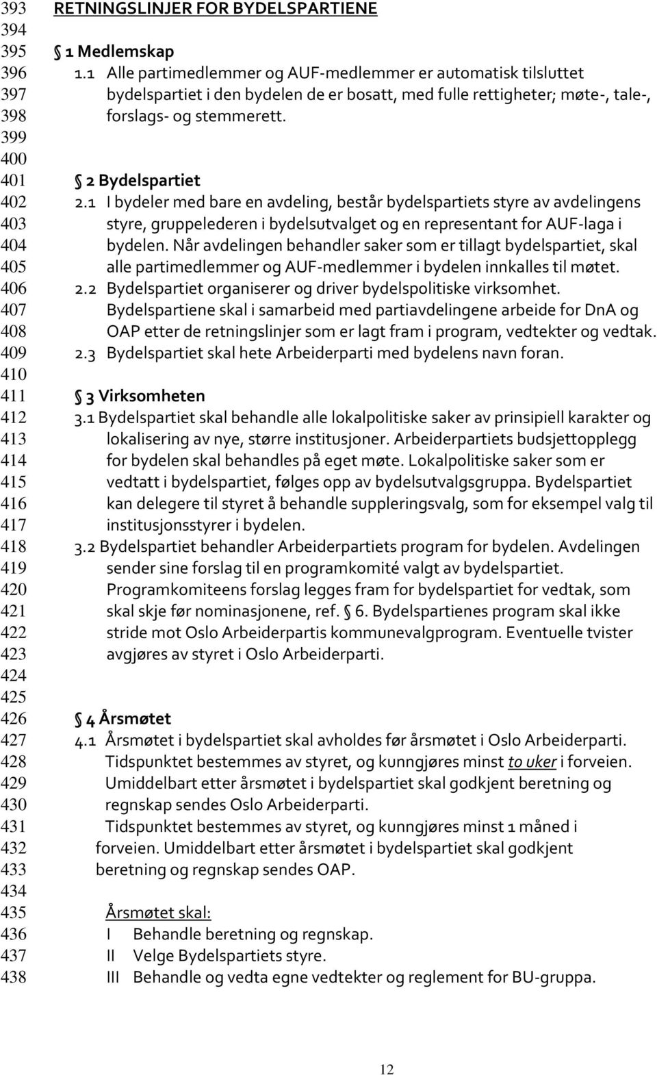 1 Alle partimedlemmer og AUF-medlemmer er automatisk tilsluttet bydelspartiet i den bydelen de er bosatt, med fulle rettigheter; møte-, tale-, forslags- og stemmerett. 2 Bydelspartiet 2.