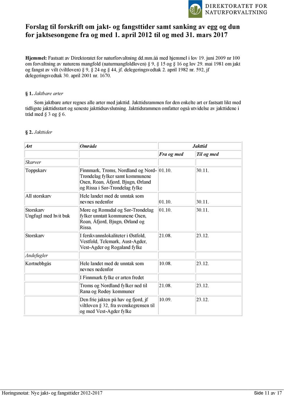 delegeringsvedtak 2. april 1982 nr. 592, jf delegeringsvedtak 30. april 2001 nr. 1670. 1. Jaktbare arter Som jaktbare arter regnes alle arter med jakttid.
