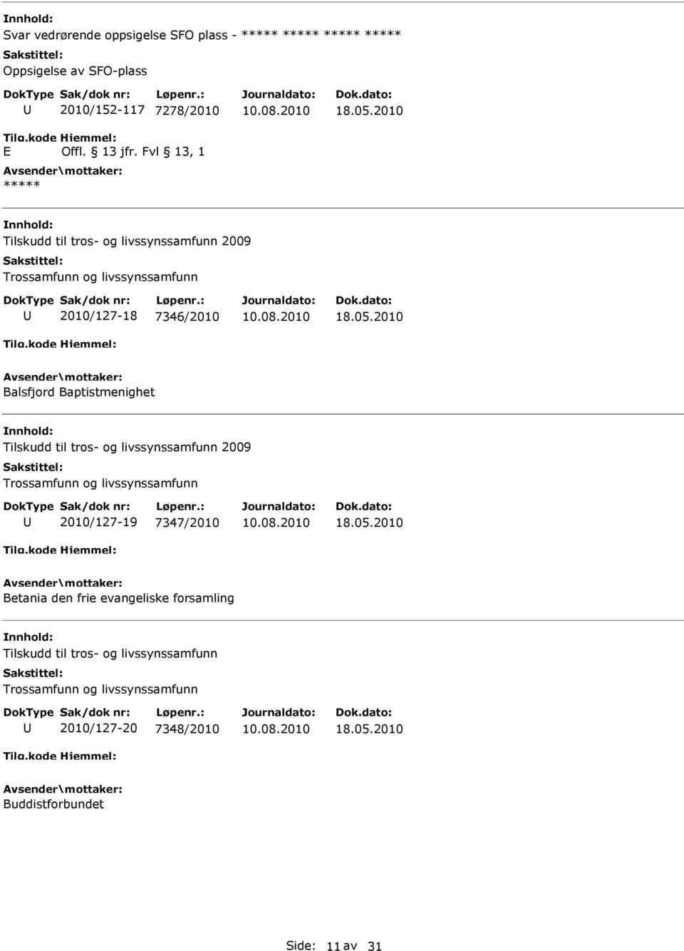2010 Balsfjord Baptistmenighet Tilskudd til tros- og livssynssamfunn 2009 Trossamfunn og livssynssamfunn 2010/127-19