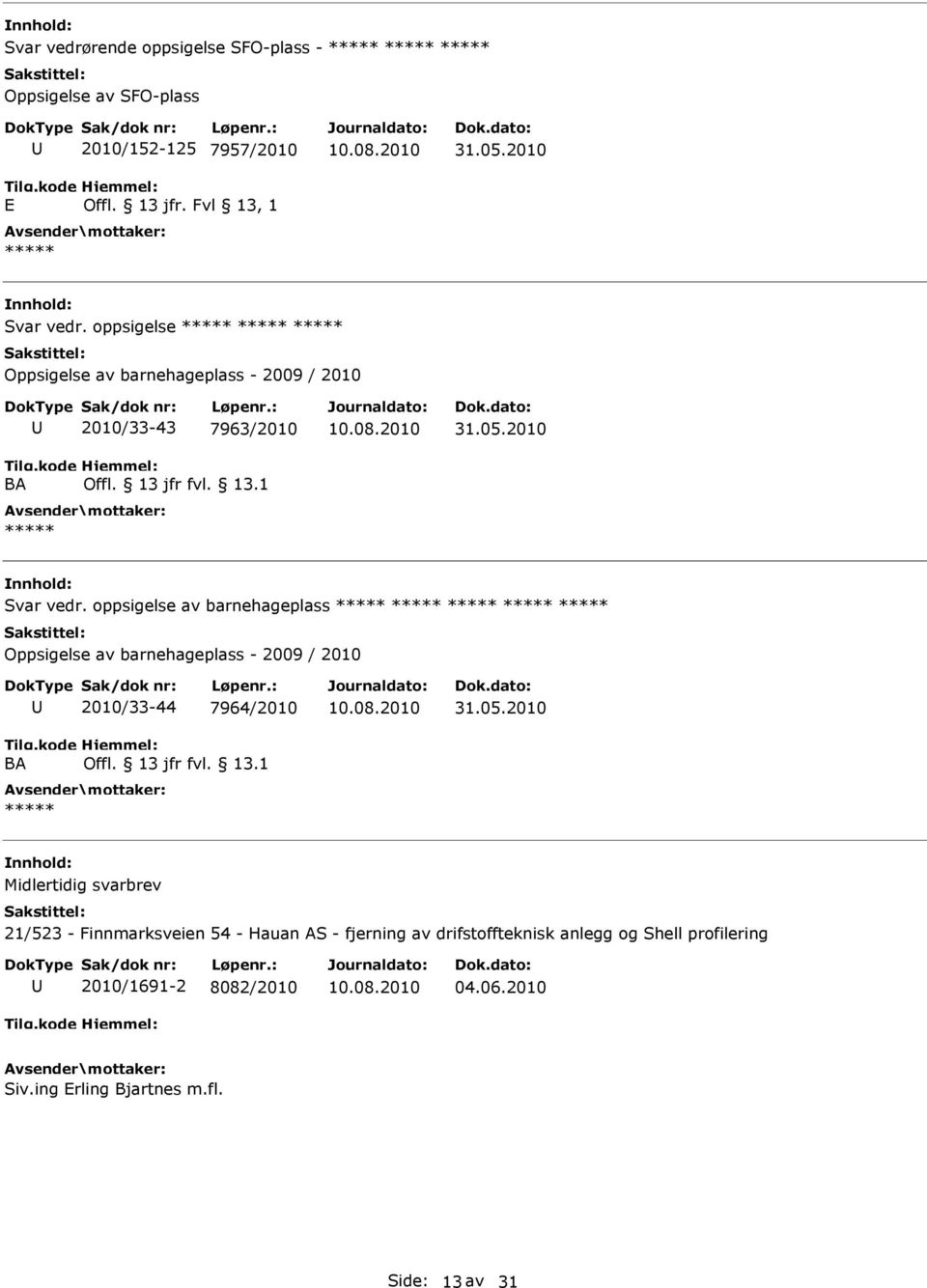 oppsigelse av barnehageplass Oppsigelse av barnehageplass - 2009 / 2010 2010/33-44 7964/2010 31.05.