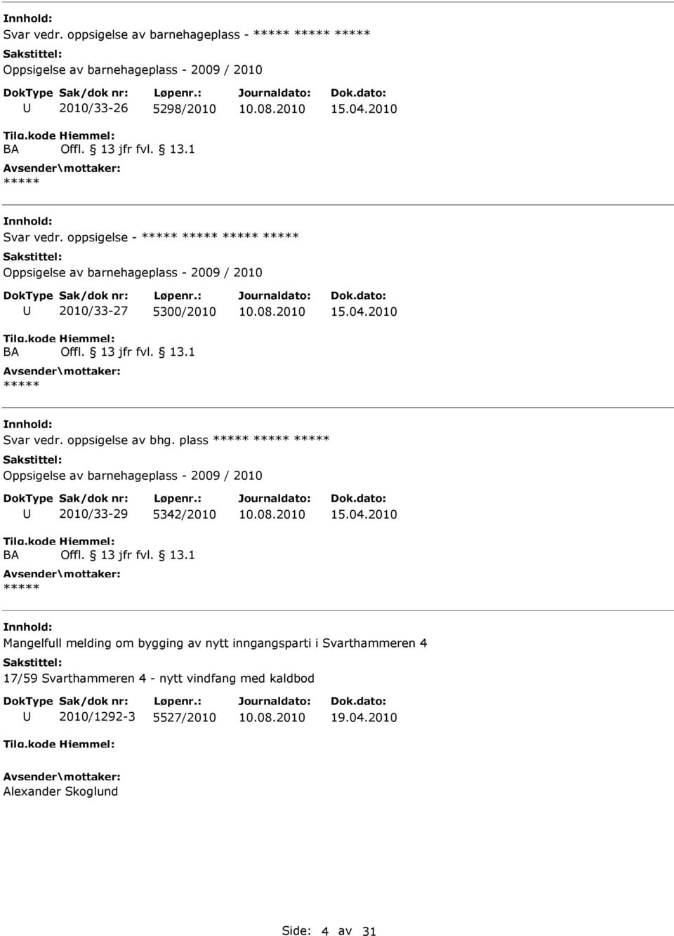 plass Oppsigelse av barnehageplass - 2009 / 2010 2010/33-29 5342/2010 15.04.