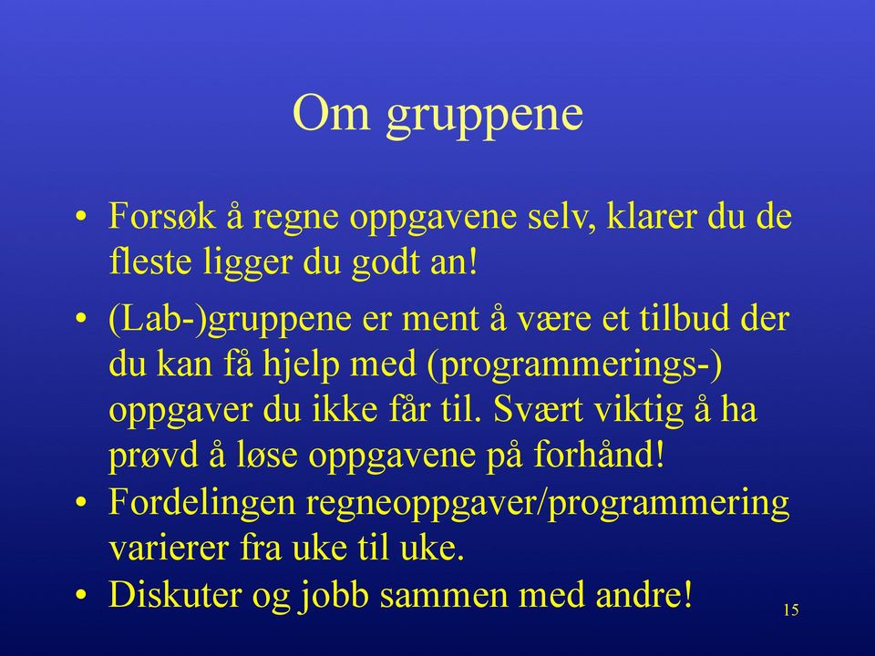 oppgaver du ikke får til. Svært viktig å ha prøvd å løse oppgavene på forhånd!