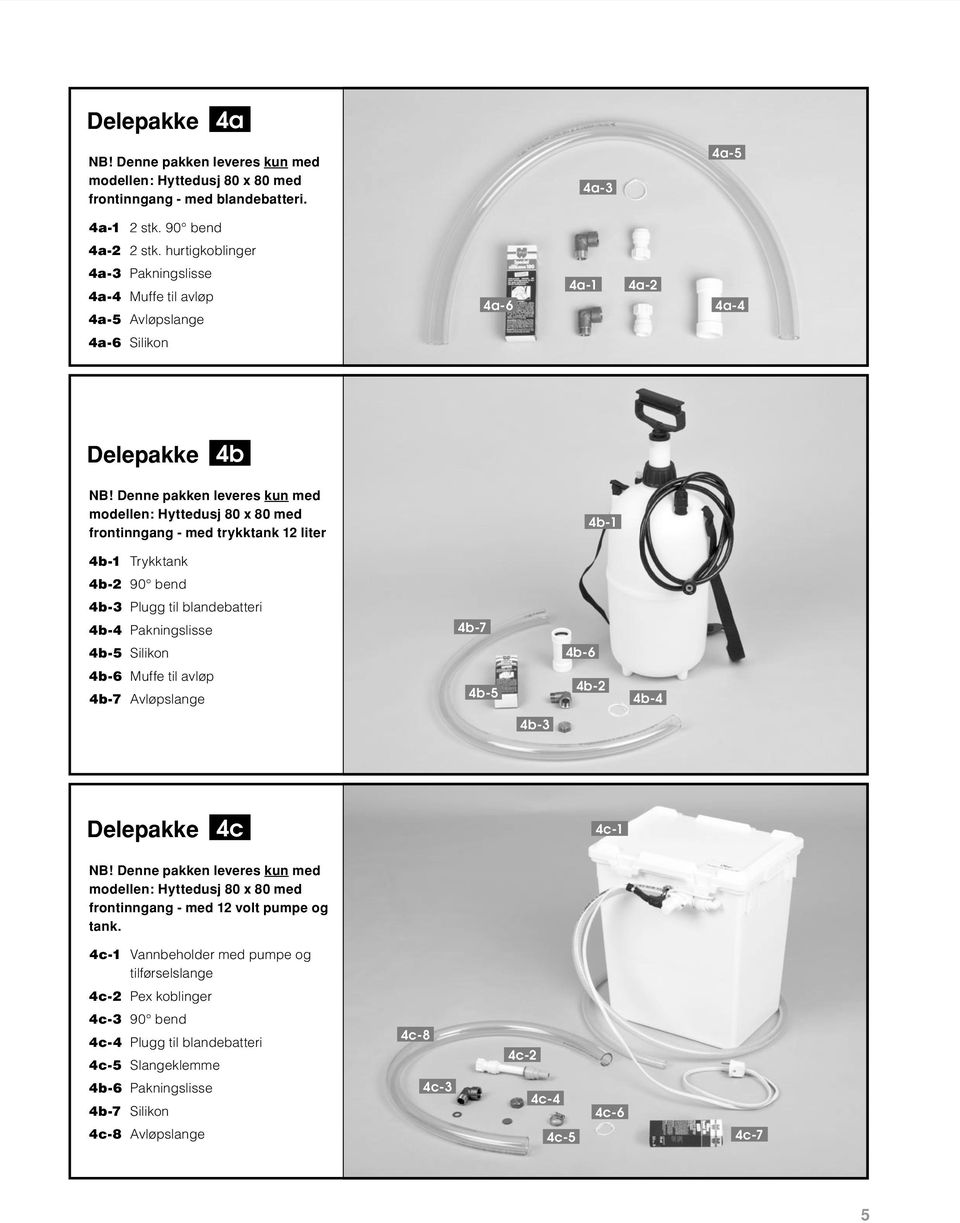 Denne pakken leveres kun med modellen: Hyttedusj 80 x 80 med frontinngang - med trykktank 12 liter 4b-1 4b-1 Trykktank 4b-2 90 bend 4b-3 Plugg til blandebatteri 4b-4 Pakningslisse 4b-7 4b-5 Silikon