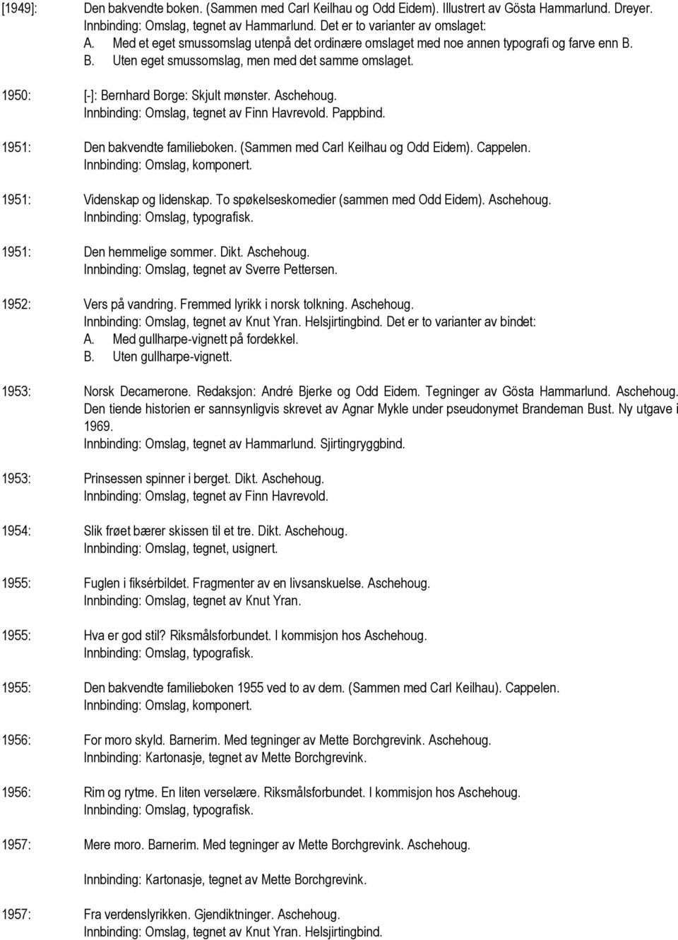 Innbinding: Omslag, tegnet av Finn Havrevold. Pappbind. 1951: Den bakvendte familieboken. (Sammen med Carl Keilhau og Odd Eidem). Cappelen. Innbinding: Omslag, komponert. 1951: Videnskap og lidenskap.
