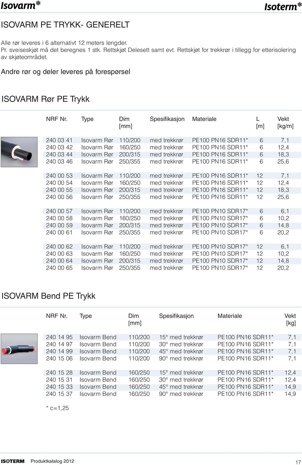 Type Dim Spesifikasjon Materiale L Vekt [mm] [m] [kg/m] 240 03 41 Isovarm Rør 110/200 med trekkrør PE100 PN16 SDR11* 6 7,1 240 03 42 Isovarm Rør 160/250 med trekkrør PE100 PN16 SDR11* 6 12,4 240 03