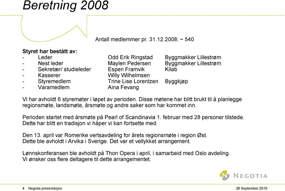 Wilhelmsen - Styremedlem Trine Lise Lorentzen Byggkjøp - Varamedlem Aina Fevang Vi har avholdt 6 styremøter i løpet av perioden.