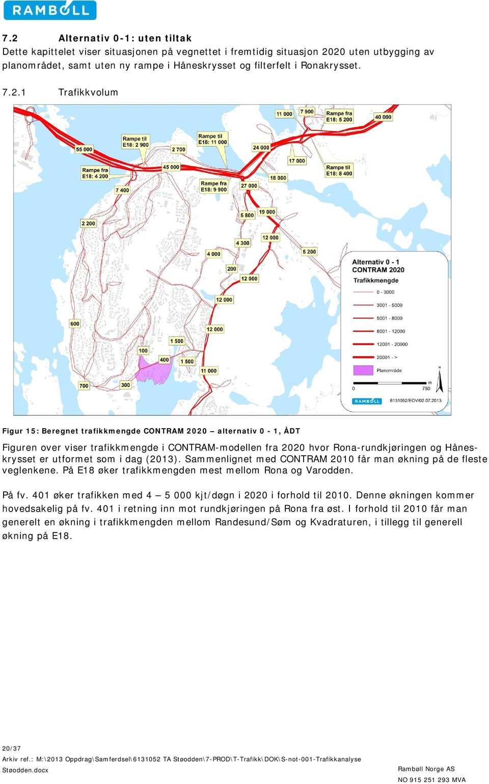 som i dag (2013). Sammenlignet med CONTRAM 2010 får man økning på de fleste veglenkene. På E18 øker trafikkmengden mest mellom Rona og Varodden. På fv.