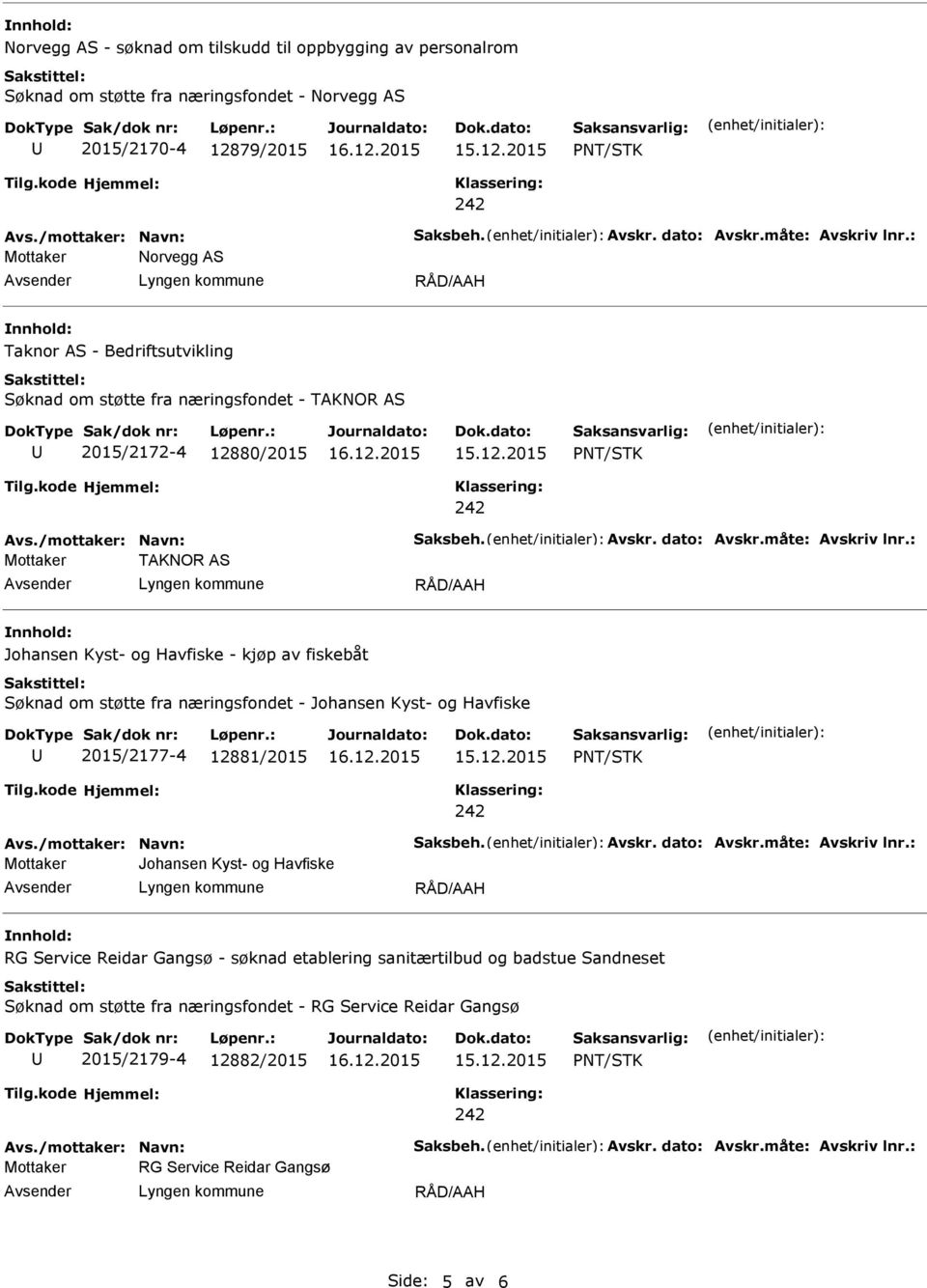 om støtte fra næringsfondet - Johansen Kyst- og Havfiske 2015/2177-4 12881/2015 Johansen Kyst- og Havfiske RG Service Reidar Gangsø - søknad etablering