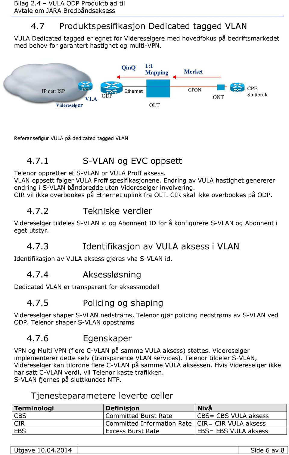 1 S-VLAN og EVC oppsett Telenor oppretter et S-VLAN pr VULA Proff aksess. VLAN oppsett følger VULA Proff spesifikasjonene.