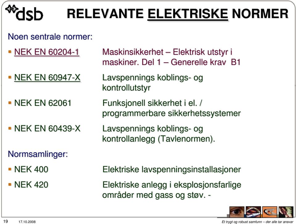 / programmerbare sikkerhetssystemer NEK EN 60439-X Normsamlinger: NEK 400 NEK 420 Lavspennings koblings- og