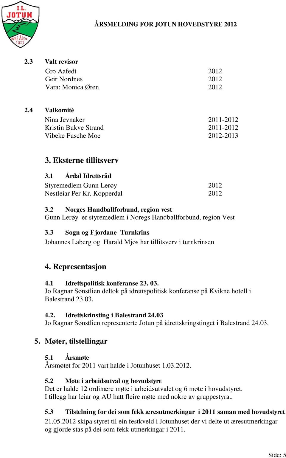 3 Sogn og Fjordane Turnkrins Johannes Laberg og Harald Mjøs har tillitsverv i turnkrinsen 4. Representasjon 4.1 Idrettspolitisk konferanse 23. 03.