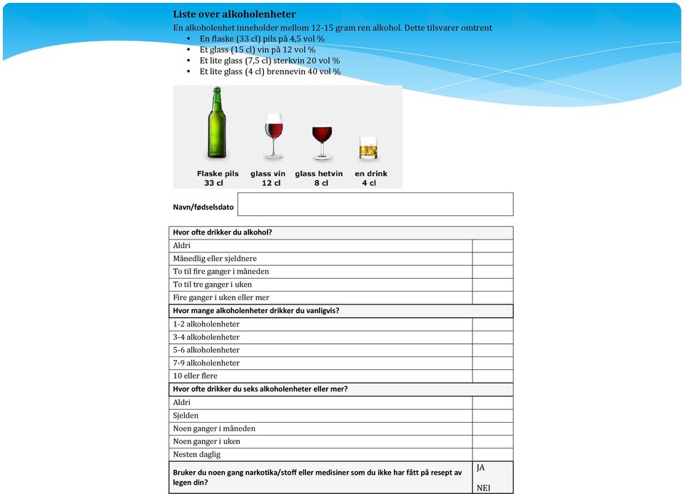 ofte drikker du alkohol? Aldri Månedlig eller sjeldnere To til fire ganger i måneden To til tre ganger i uken Fire ganger i uken eller mer Hvor mange alkoholenheter drikker du vanligvis?