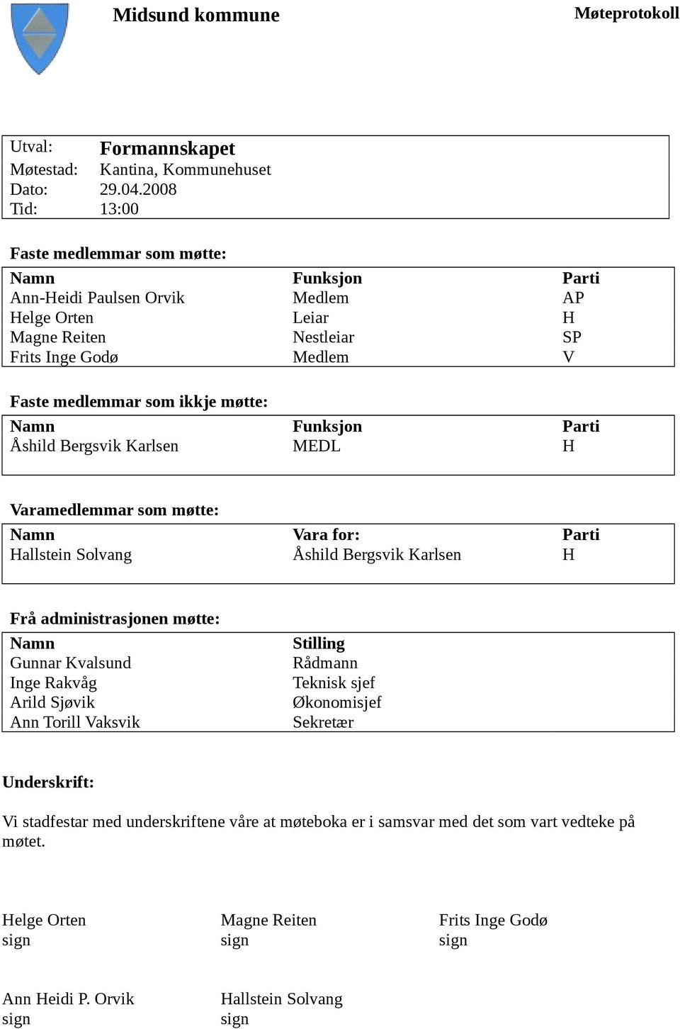 møtte: Namn Funksjon Parti Åshild Bergsvik Karlsen MEDL H Varamedlemmar som møtte: Namn Vara for: Parti Hallstein Solvang Åshild Bergsvik Karlsen H Frå administrasjonen møtte: Namn Gunnar Kvalsund