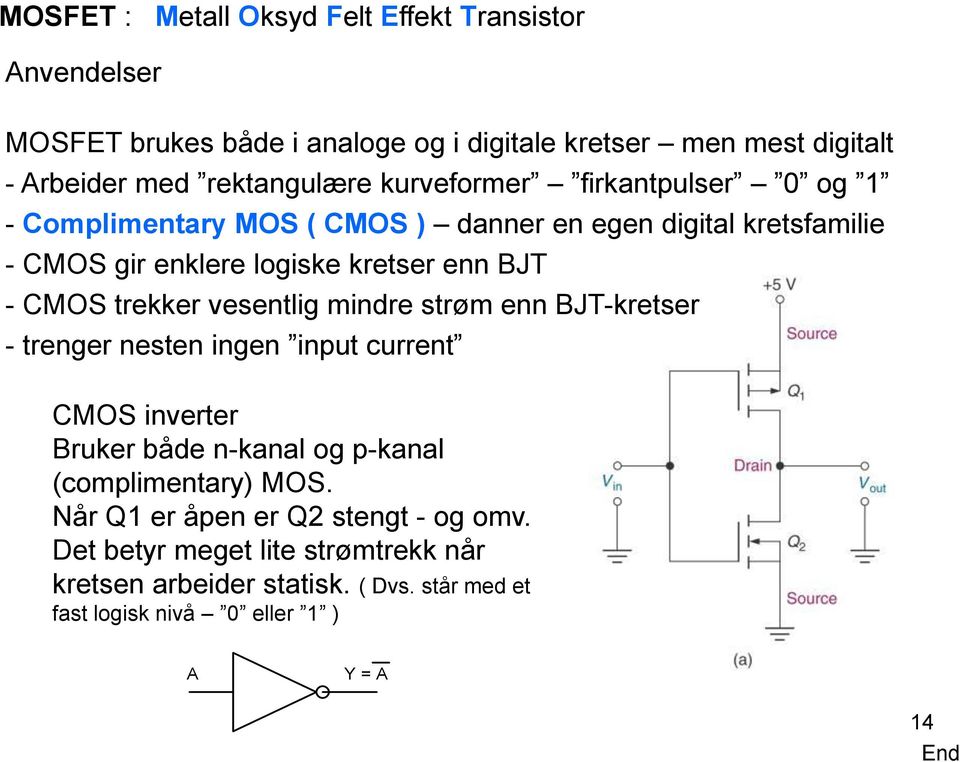 trekker vesentlig mindre strøm enn BJT-kretser - trenger nesten ingen input current CMOS inverter Bruker både n-kanal og p-kanal (complimentary) MOS.