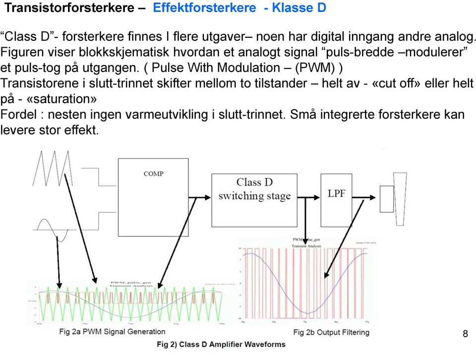 ( Pulse With Modulation (PWM) ) Transistorene i slutt-trinnet skifter mellom to tilstander helt av - «cut off» eller