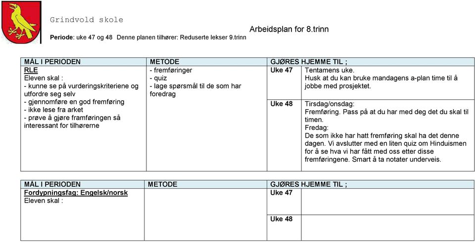 Husk at du kan bruke mandagens a-plan time til å jobbe med prosjektet. Tirsdag/onsdag: Fremføring. Pass på at du har med deg det du skal til timen.