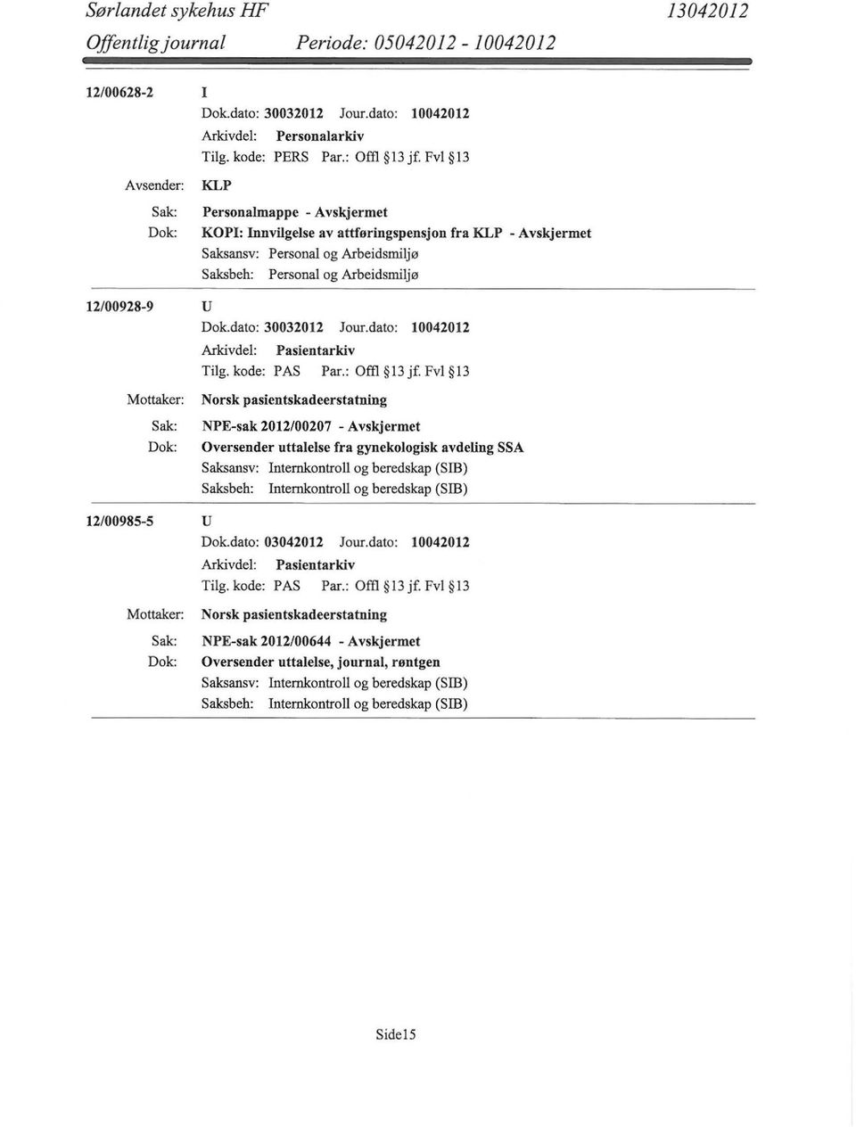 : Offi 13 jf. Fvl 13 NPE-sak 2012/00207 - Oversender uttalelse fra gynekologisk avdeling SSA Saksbeh: Internkontroll og beredskap (SIB) 12/00985-5 u Dok.