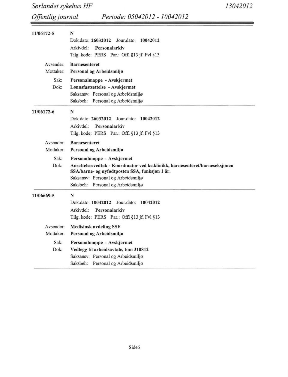 : Offi 13 jf. Fvl 13 11/06669-5 Barnesenteret Personal og Arbeidsmiljø Personalmappe - Ansettelsesvedtak - Koordinator ved ke.