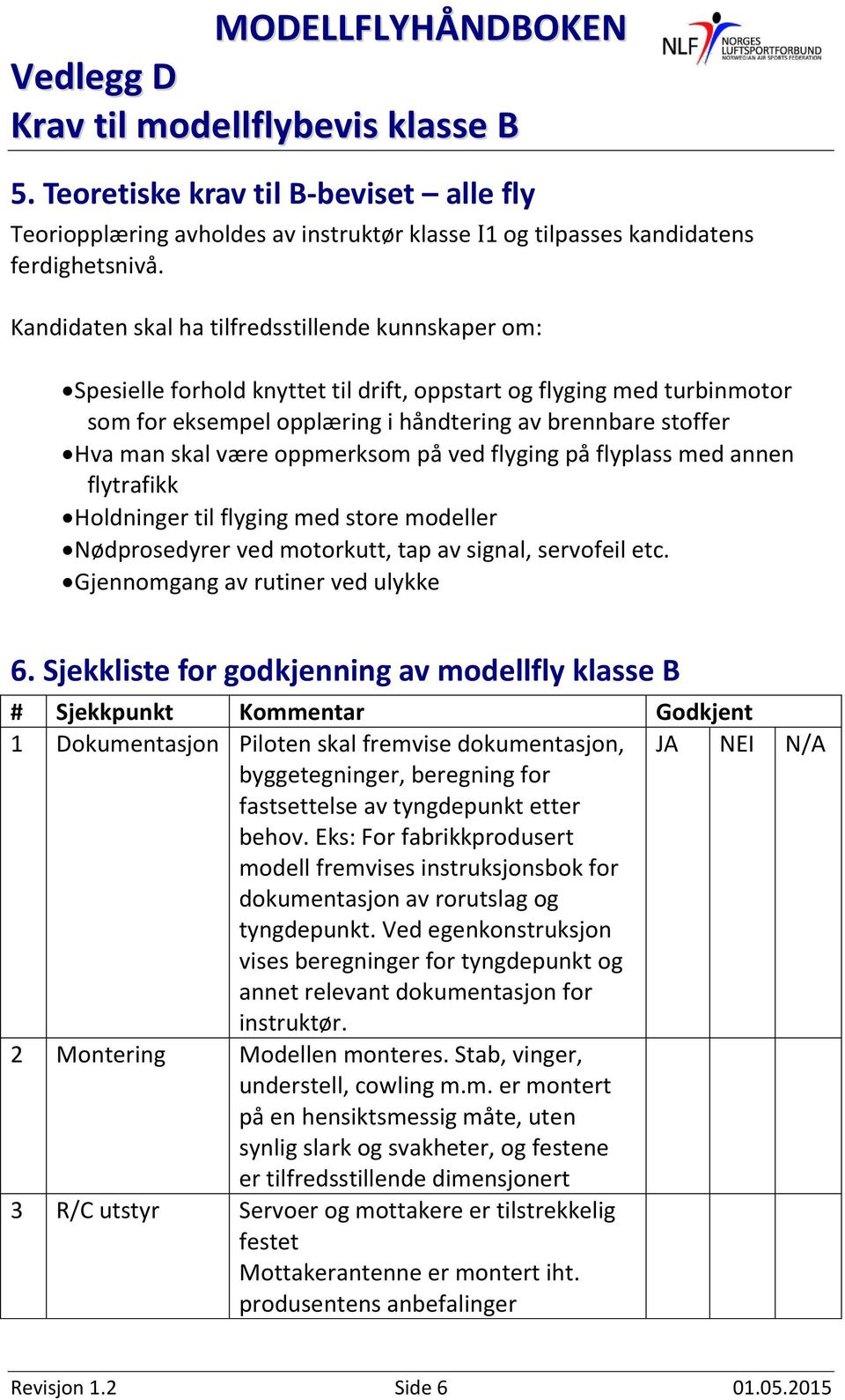 være oppmerksom på ved flyging på flyplass med annen flytrafikk Holdninger til flyging med store modeller Nødprosedyrer ved motorkutt, tap av signal, servofeil etc.