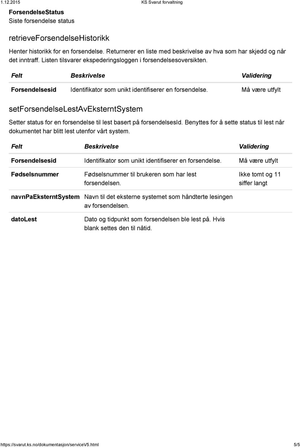 Må være utfylt setforsendelselestaveksterntsystem Setter status for en forsendelse til lest basert på forsendelsesid.