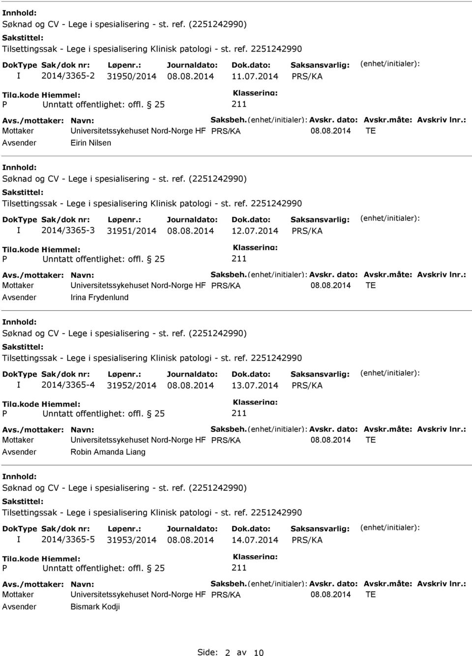 : Mottaker Universitetssykehuset Nord-Norge HF TE Avsender rina Frydenlund nnhold: 2014/3365-4 31952/2014 13.07.2014 Avs./mottaker: Navn: Saksbeh. Avskr. dato: Avskr.måte: Avskriv lnr.