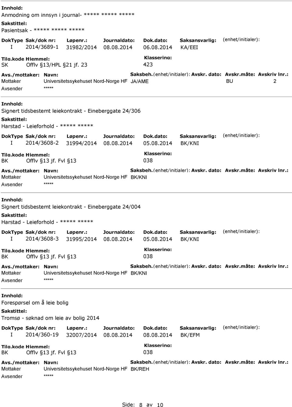 : Mottaker Universitetssykehuset Nord-Norge HF JA/AME BU 2 nnhold: Signert tidsbestemt leiekontrakt - Eineberggate 24/306 Harstad - Leieforhold - ***** ***** 2014/3608-2 31994/2014 BK/KN BK 038 Avs.