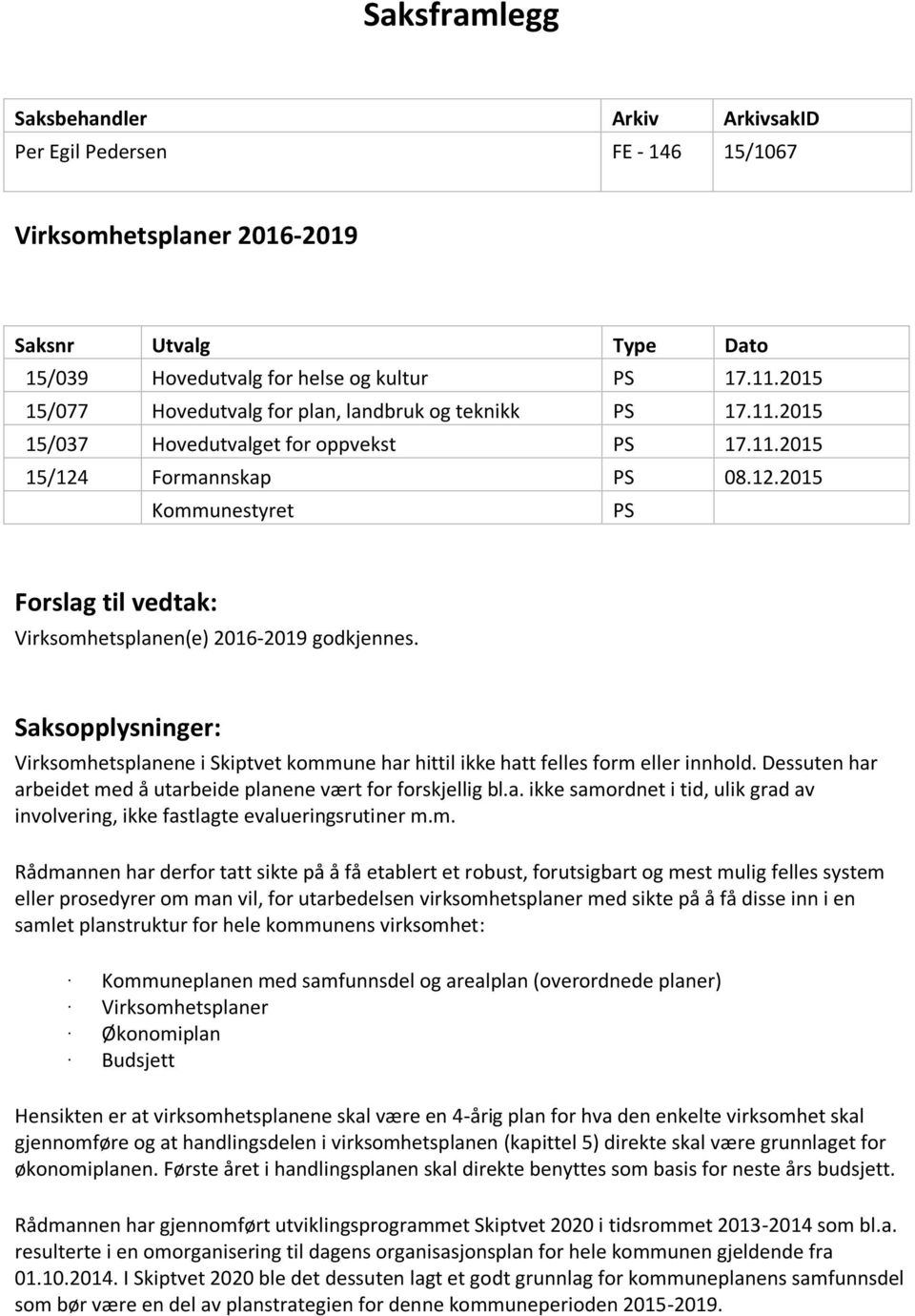 Formannskap PS 08.12.2015 Kommunestyret PS Forslag til vedtak: Virksomhetsplanen(e) 2016-2019 godkjennes.
