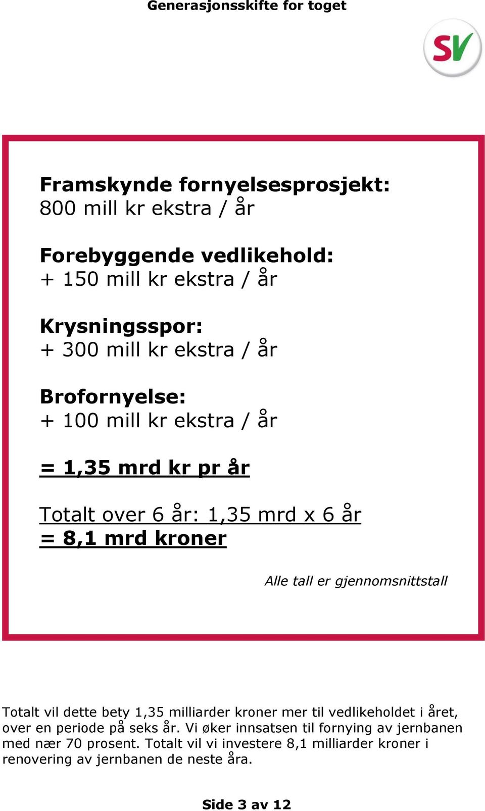 gjennomsnittstall Totalt vil dette bety 1,35 milliarder kroner mer til vedlikeholdet i året, over en periode på seks år.