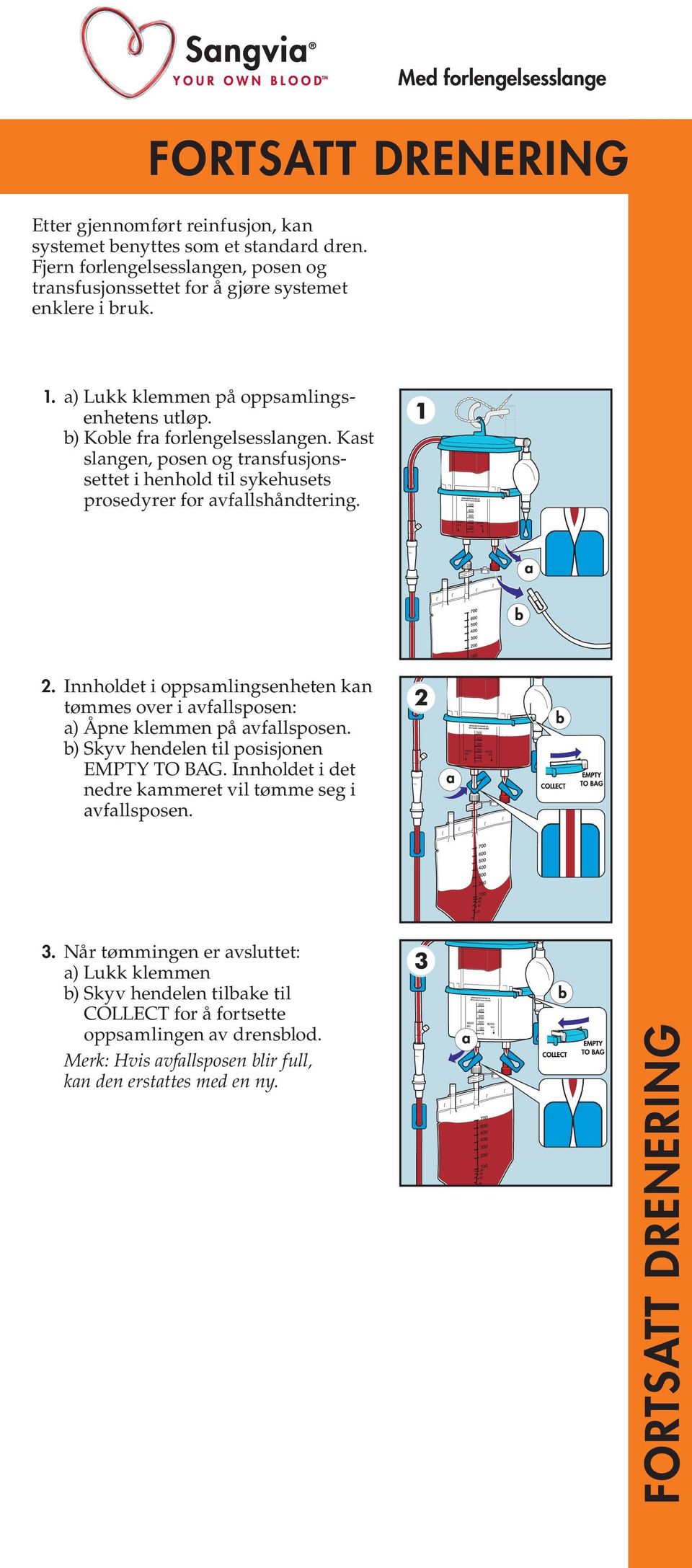 Innholdet i oppsamlingsenheten kan tømmes over i avfallsposen: a) Åpne klemmen på avfallsposen. b) Skyv hendelen til posisjonen EMPTY TO BAG.