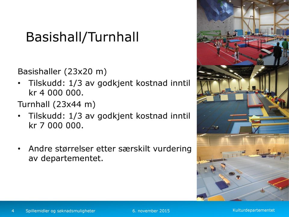 Turnhall (23x44 m) Tilskudd: 1/3 av godkjent kostnad