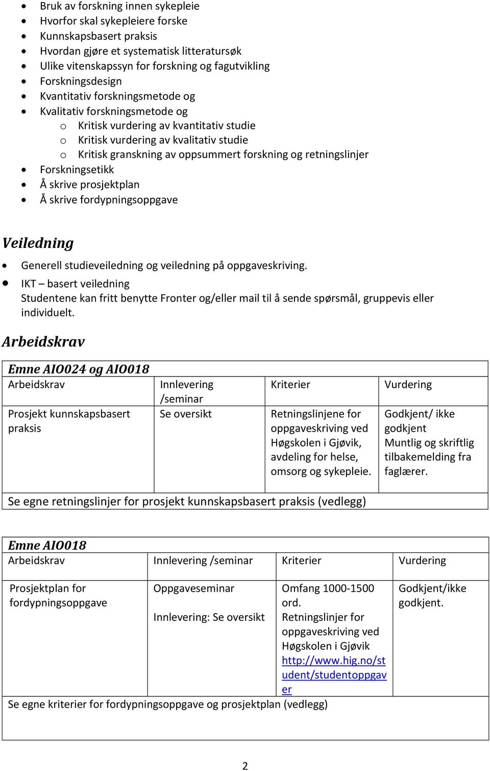 retningslinjer Forskningsetikk Å skrive prosjektplan Å skrive fordypningsoppgave Veiledning Generell studieveiledning og veiledning på oppgaveskriving.