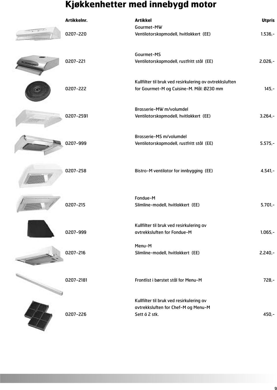 264,- Brasserie-MS m/volumdel 0207-999 Ventilatorskapmodell, rustfritt stål (EE) 5.575,- 0207-258 Bistro-M ventilator for innbygging (EE) 4.541,- Fondue-M 0207-215 Slimline-modell, hvitlakkert (EE) 5.