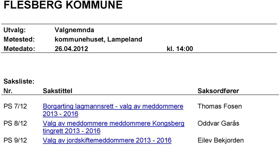 Sakstittel Saksordfører PS 7/12 Borgarting lagmannsrett - valg av meddommere Thomas Fosen