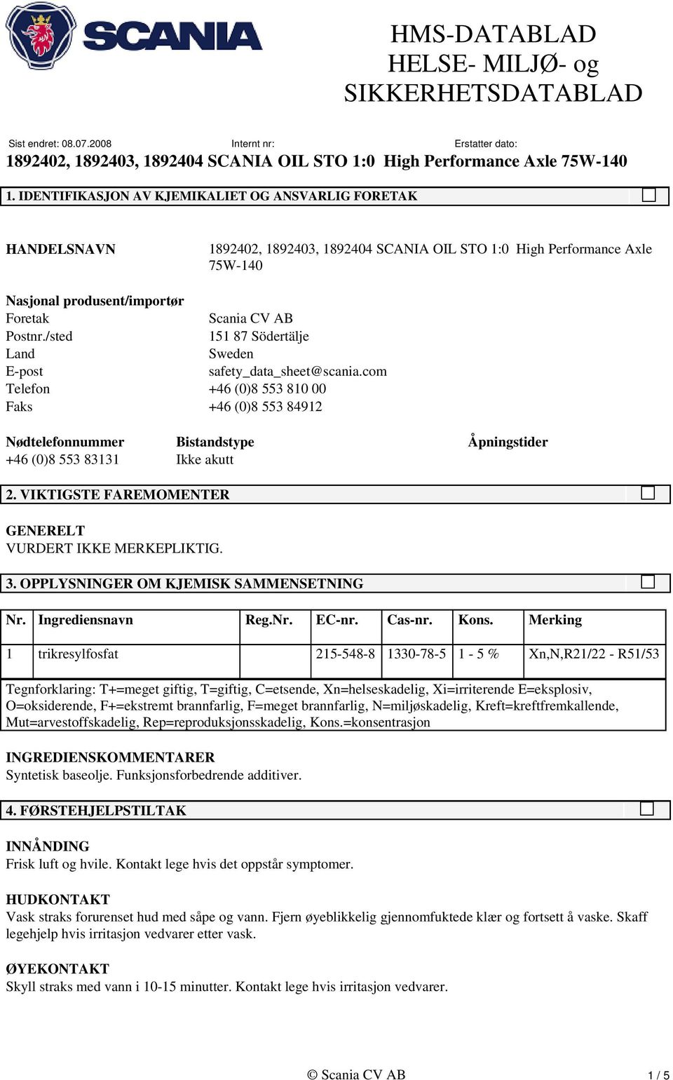 VIKTIGSTE FAREMOMENTER GENERELT VURDERT IKKE MERKEPLIKTIG. 3. OPPLYSNINGER OM KJEMISK SAMMENSETNING Nr. Ingrediensnavn Reg.Nr. EC-nr. Cas-nr. Kons.