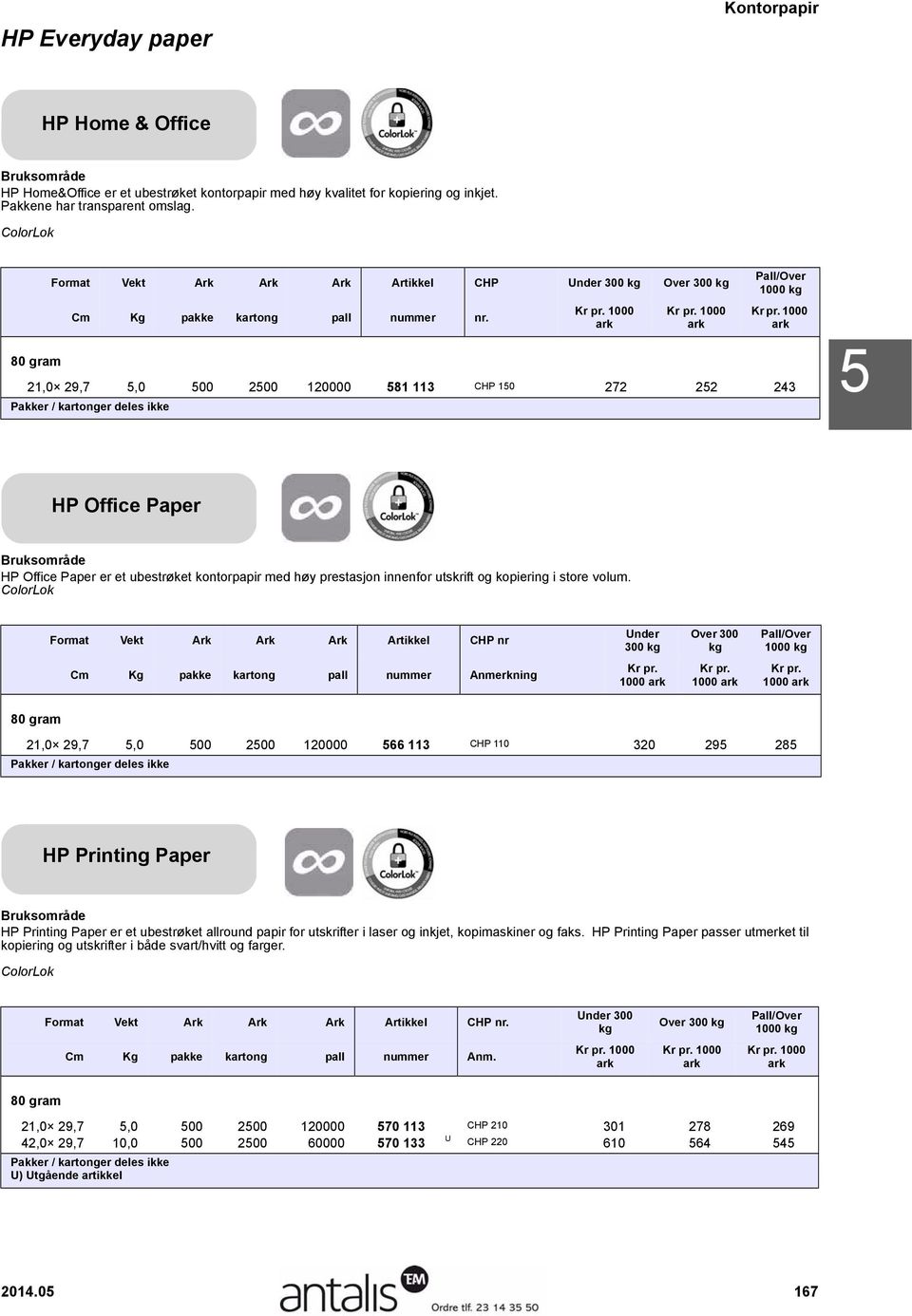 21,0 29,7 5,0 500 2500 120000 581 113 CHP 150 272 252 243 5 HP Office Paper Bruksområde HP Office Paper er et ubestrøket kontorpapir med høy prestasjon innenfor utskrift og kopiering i store volum.